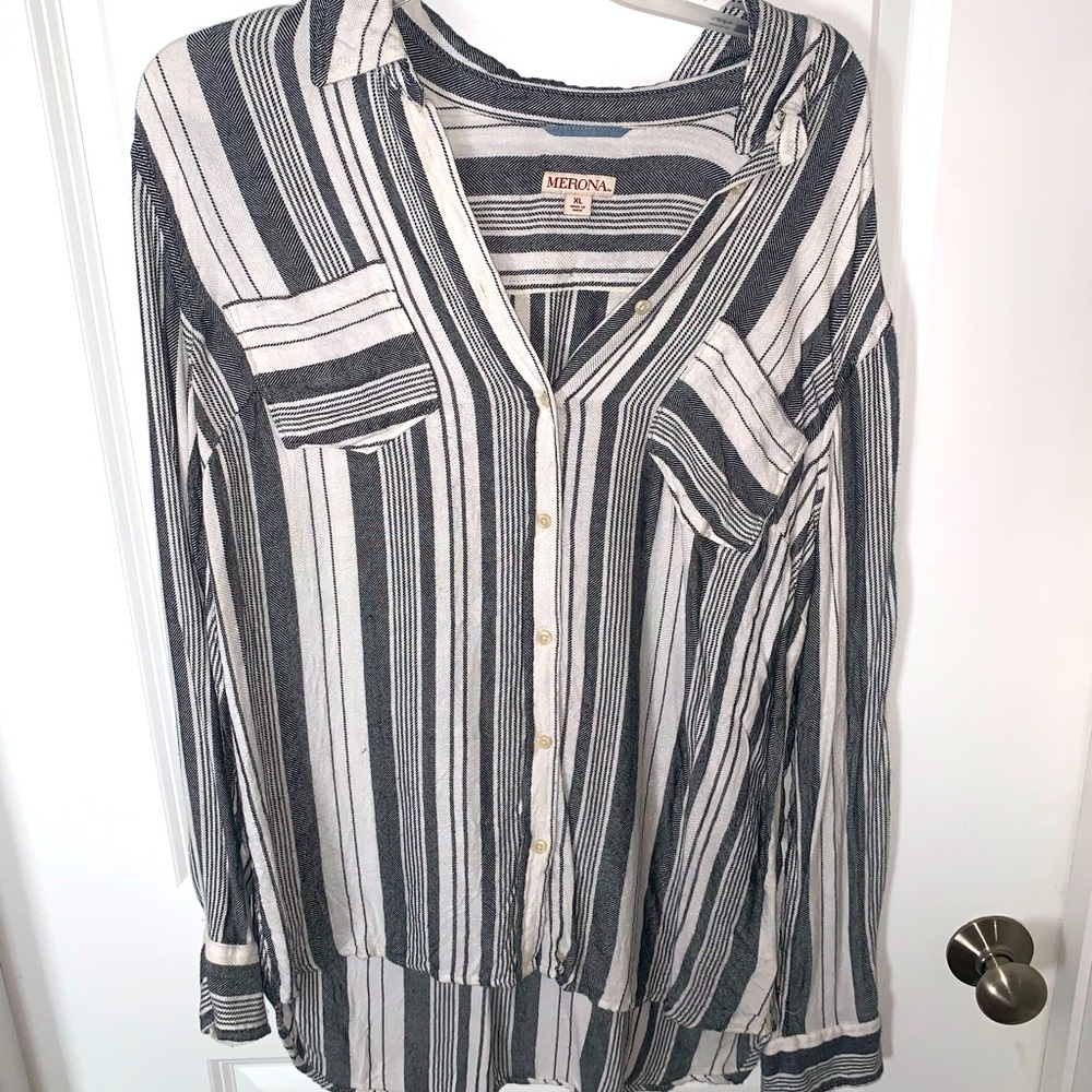 White and Charcoal Striped Long Sleeve Button Up Shirt